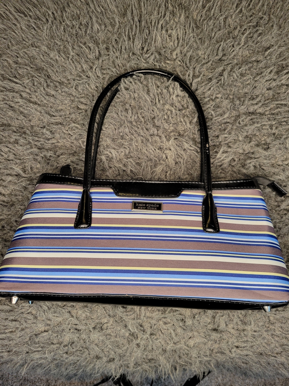 Kate Spade NY Striped Canvas Satchel Purse Blue Pink Black Patent Leather